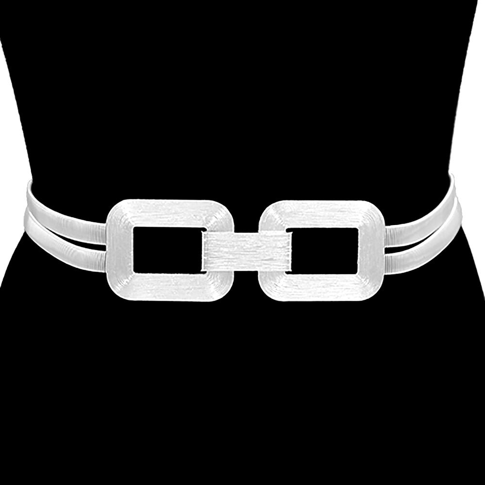 Brushed Metal Rectangle Buckle Accented Stretch Statement Belt